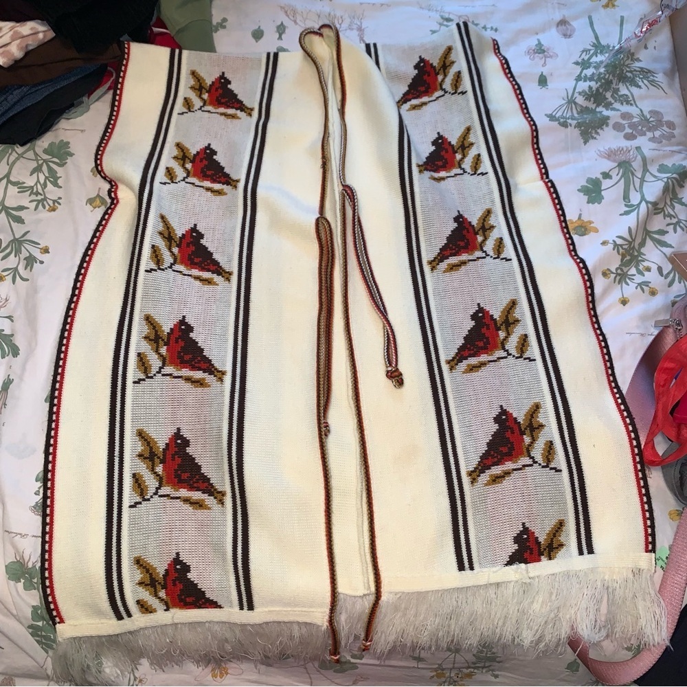 Vintage Knit Sweater Poncho Vest with Fringe Birds Neutral 1960s 1970s Tie